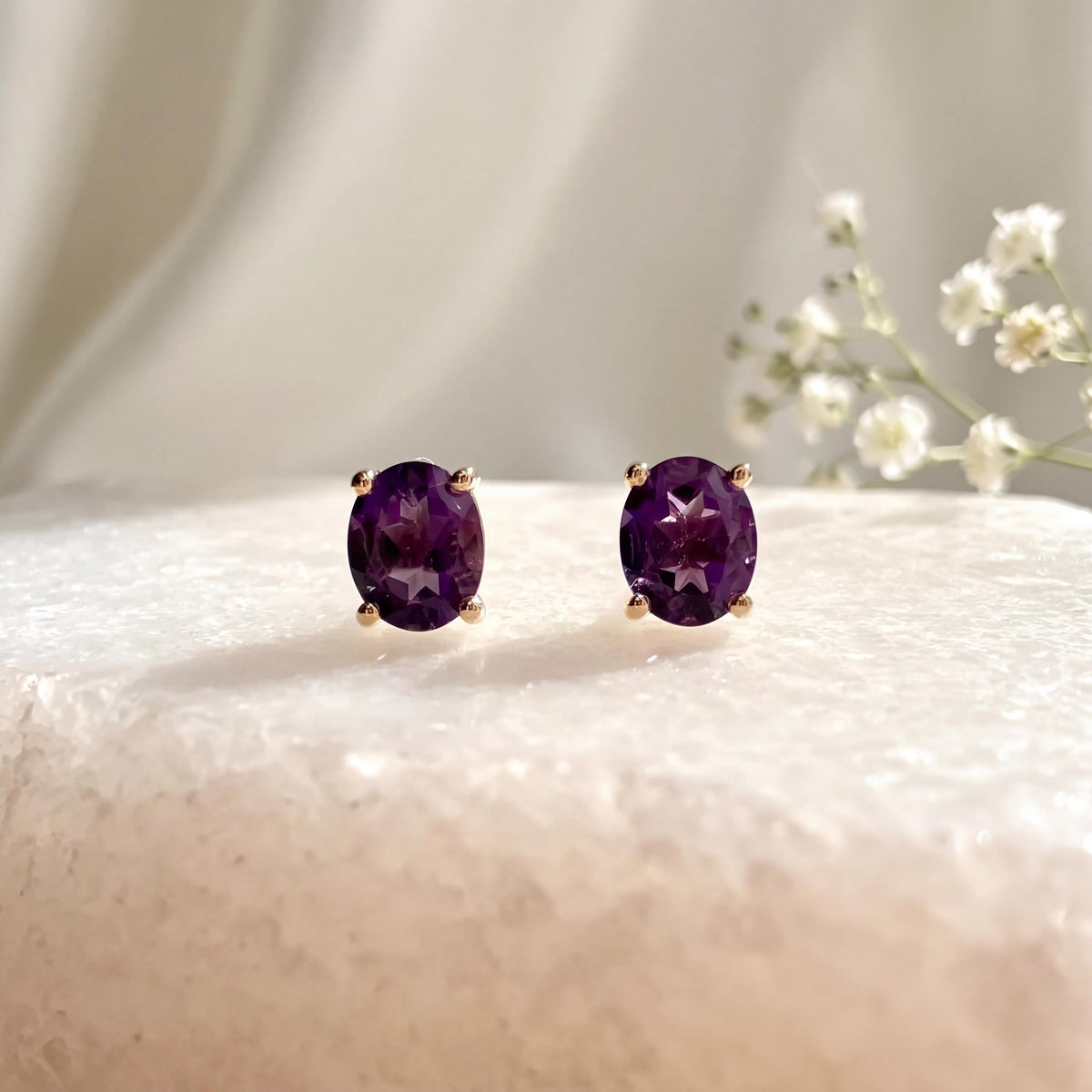 Genuine Amethyst Oval Cut Solitaire Stud Earrings, 14k Solid Gold, February Birthstone, Gift for Her