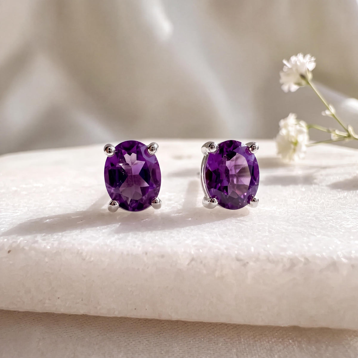 Genuine Amethyst Oval Cut Solitaire Stud Earrings, 14k Solid Gold, February Birthstone, Gift for Her