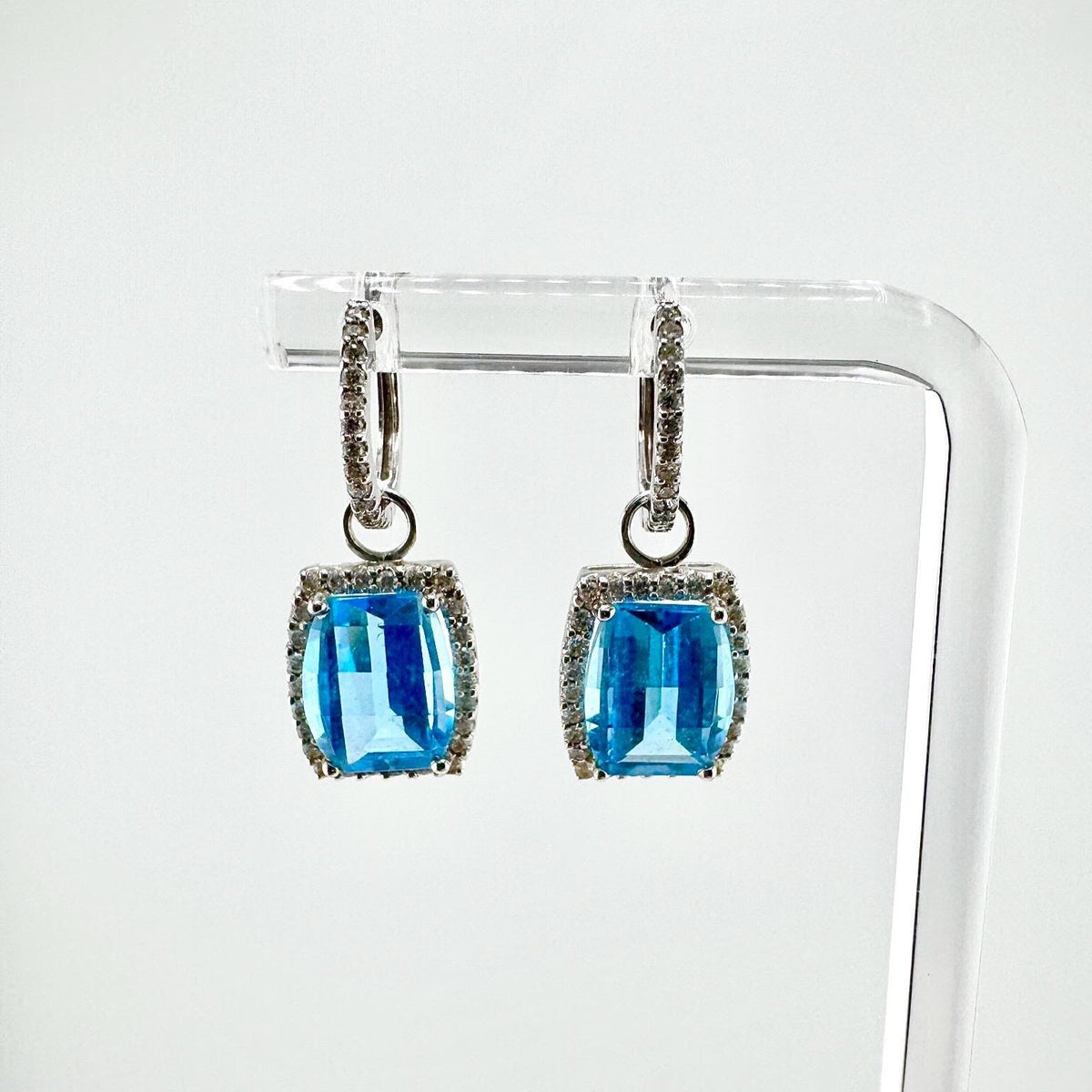 Genuine Blue Topaz and Diamond Hoops/Huggies in 14k White Gold