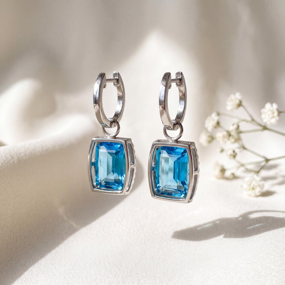 Genuine Blue Topaz and Diamond Hoops/Huggies in 14k White Gold