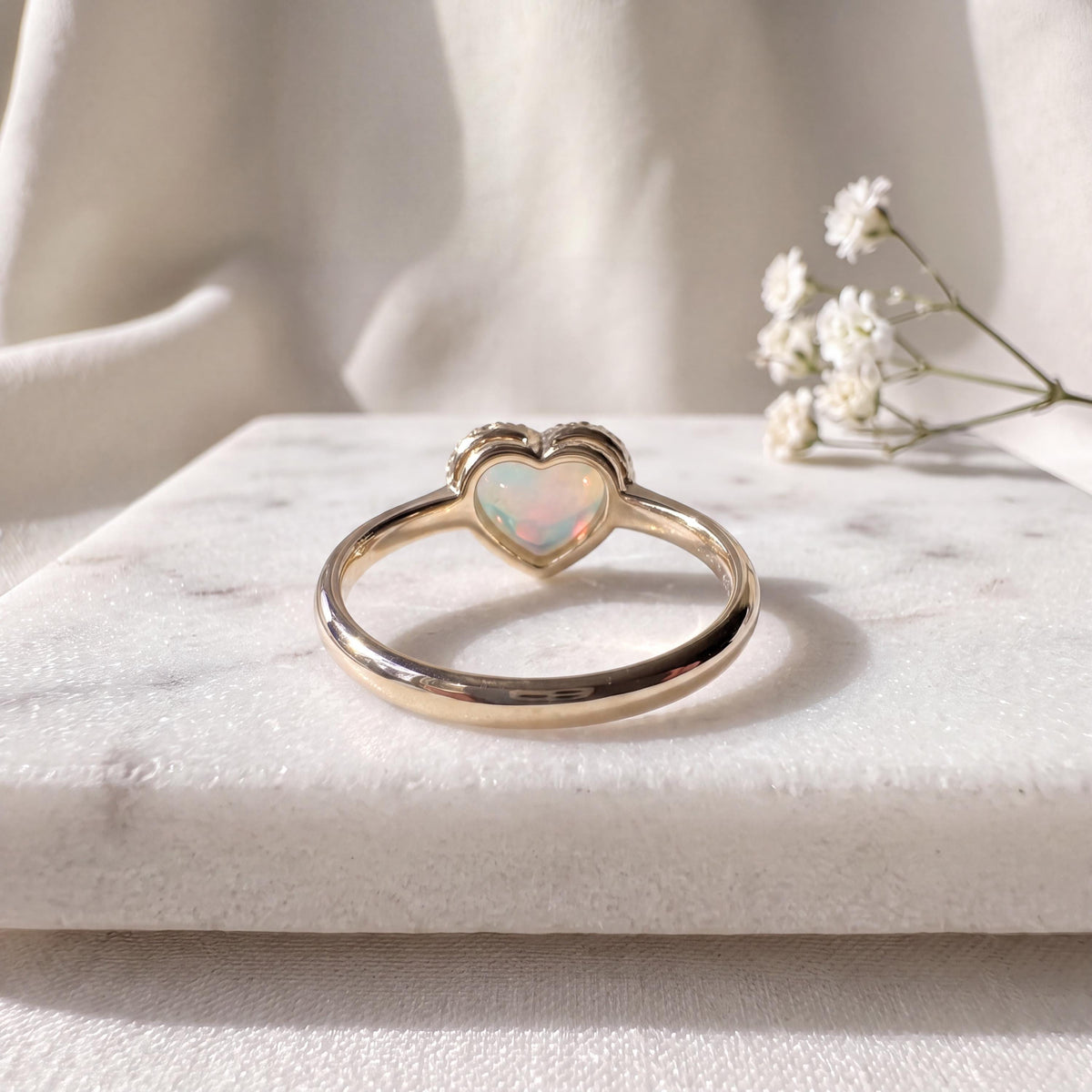 14k Yellow Gold Opal Diamond Heart Ring, Natural Gemstone Engagement Ring
