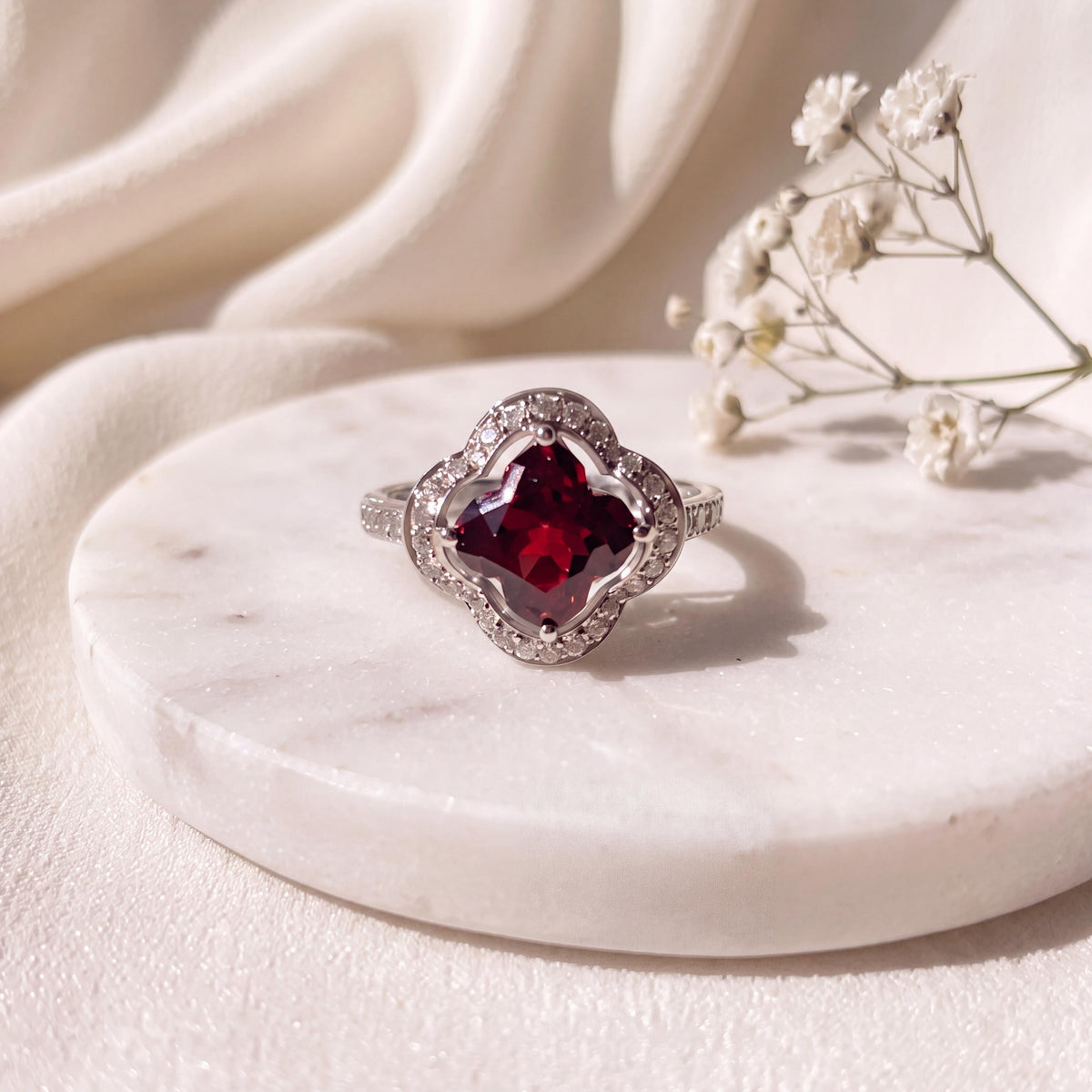 Genuine Garnet Quatrefoil Ring in 14k Solid Gold