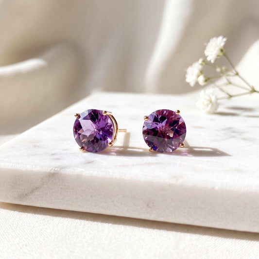 14k Solid Gold Amethyst Solitaire Stud Earrings, 6.5mm Round Gemstone, February Birthstone