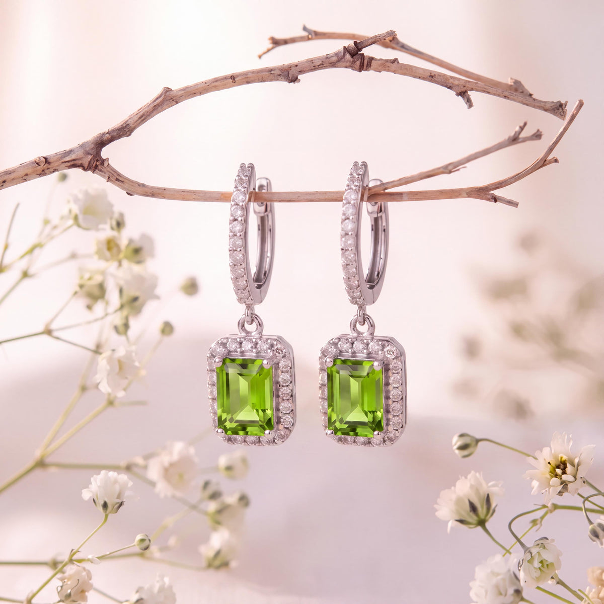 Genuine Peridot Emerald Cut Dangle Hoops in 14k Solid Gold