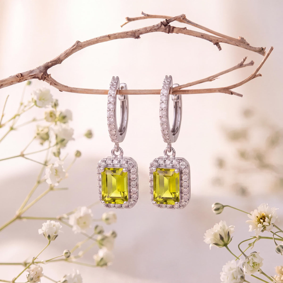 Genuine Peridot Emerald Cut Dangle Hoops in 14k Solid Gold