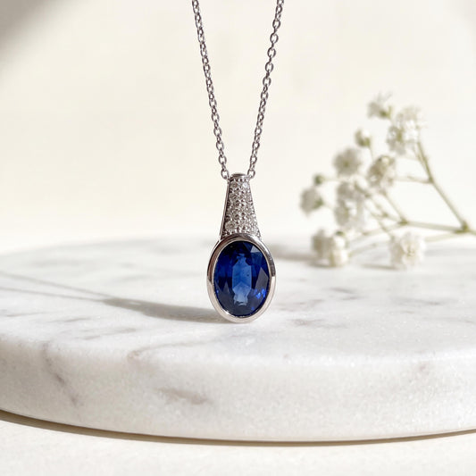 Genuine Oval Sapphire and Diamond Pendant in 14k Solid Gold