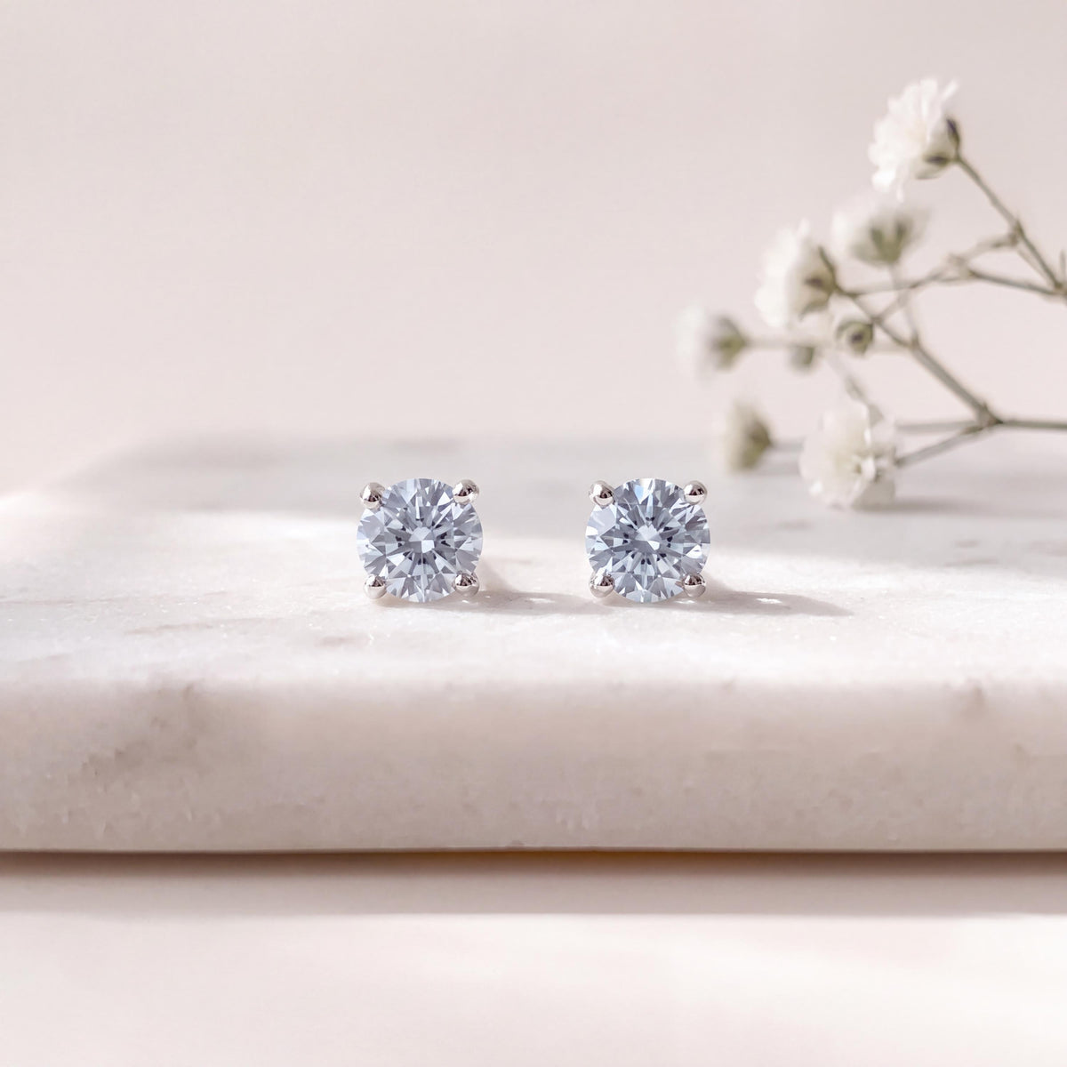 Genuine 3mm White Sapphire Round Cut Stud Earrings in 14k Solid Gold
