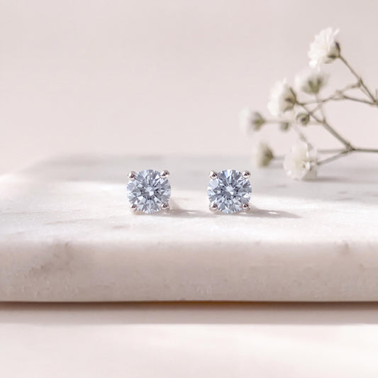 Genuine 3mm White Sapphire Round Cut Stud Earrings in 14k Solid Gold