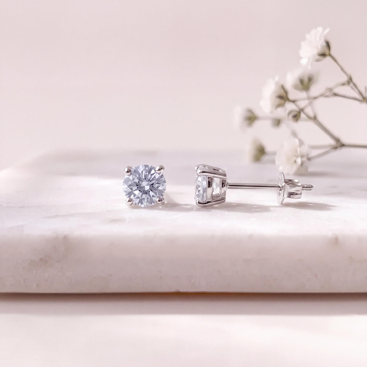 Genuine 3mm White Sapphire Round Cut Stud Earrings in 14k Solid Gold