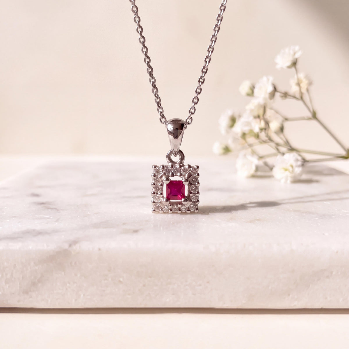 Genuine Ruby 3 mm Princess Cut and Diamond Pendant in 14k Solid Gold