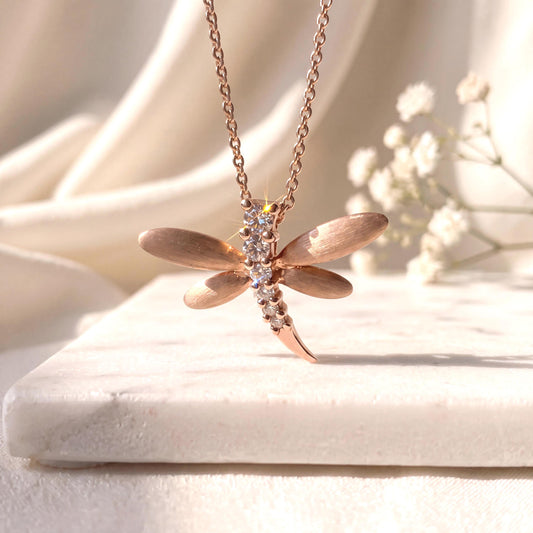 Natural Diamond Dragonfly Pendant, 18k Solid Rose Gold