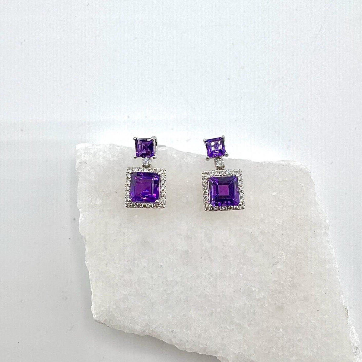 Genuine Amethyst and Diamond Dangle Earrings in 14k Solid Gold