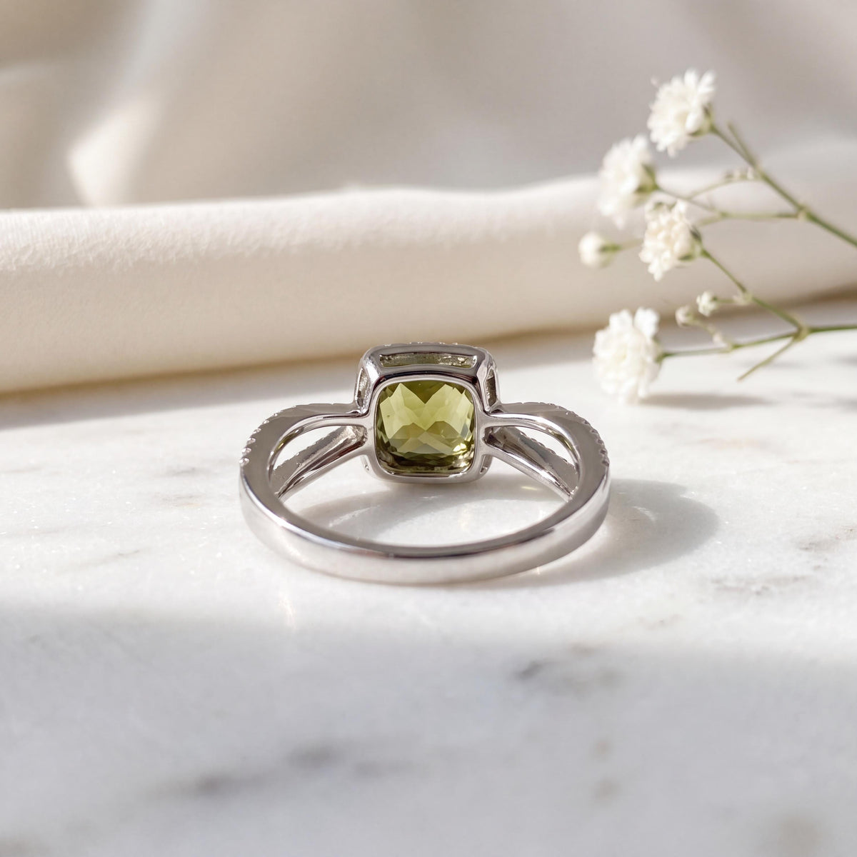 Genuine 1.75 ct Green Tourmaline and Diamond Square Halo Ring, 14k Solid White Gold, October Birthstone, Gift for Her