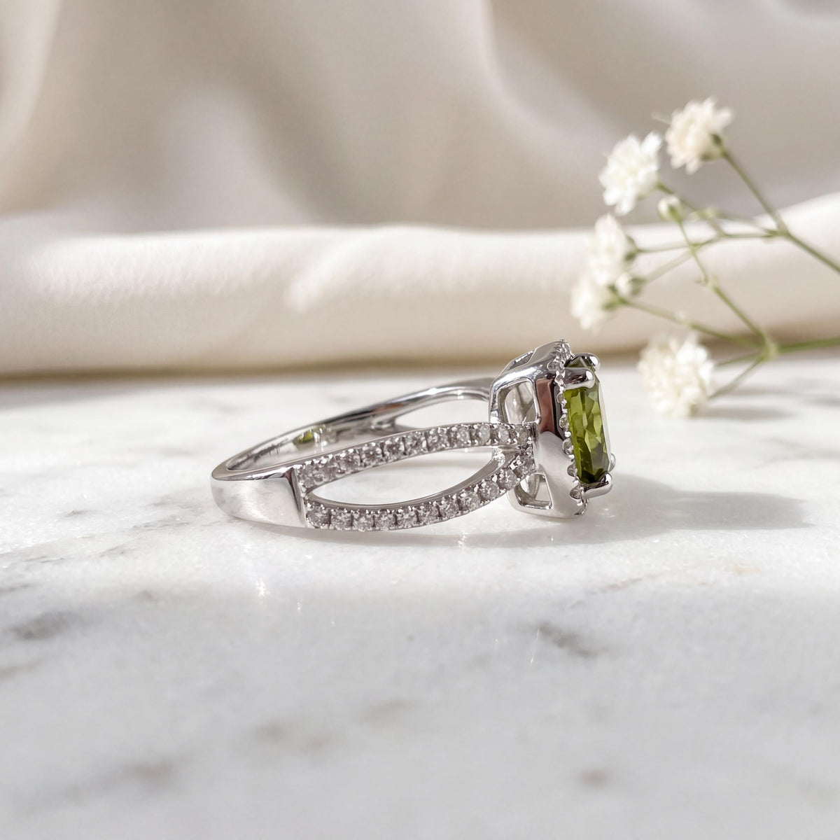 Genuine 1.75 ct Green Tourmaline and Diamond Square Halo Ring, 14k Solid White Gold, October Birthstone, Gift for Her