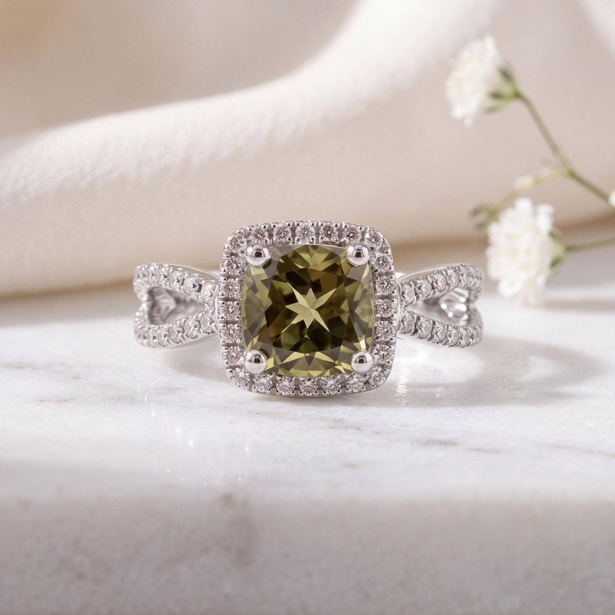 Genuine 1.75 ct Green Tourmaline and Diamond Square Halo Ring, 14k Solid White Gold, October Birthstone, Gift for Her