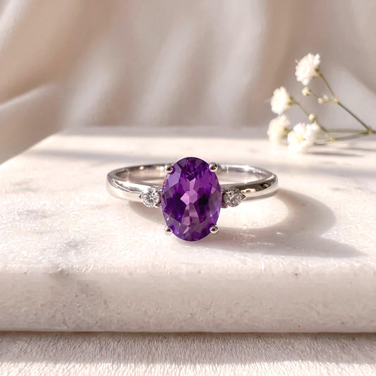 Genuine Amethyst and Diamond Oval Ring, 14k Solid White Gold, February Birthstone