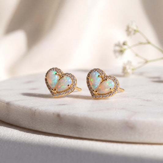 Genuine Opal and Diamond Large Heart Stud Earrings,, 14k Solid Yellow Gold, October Birthstone