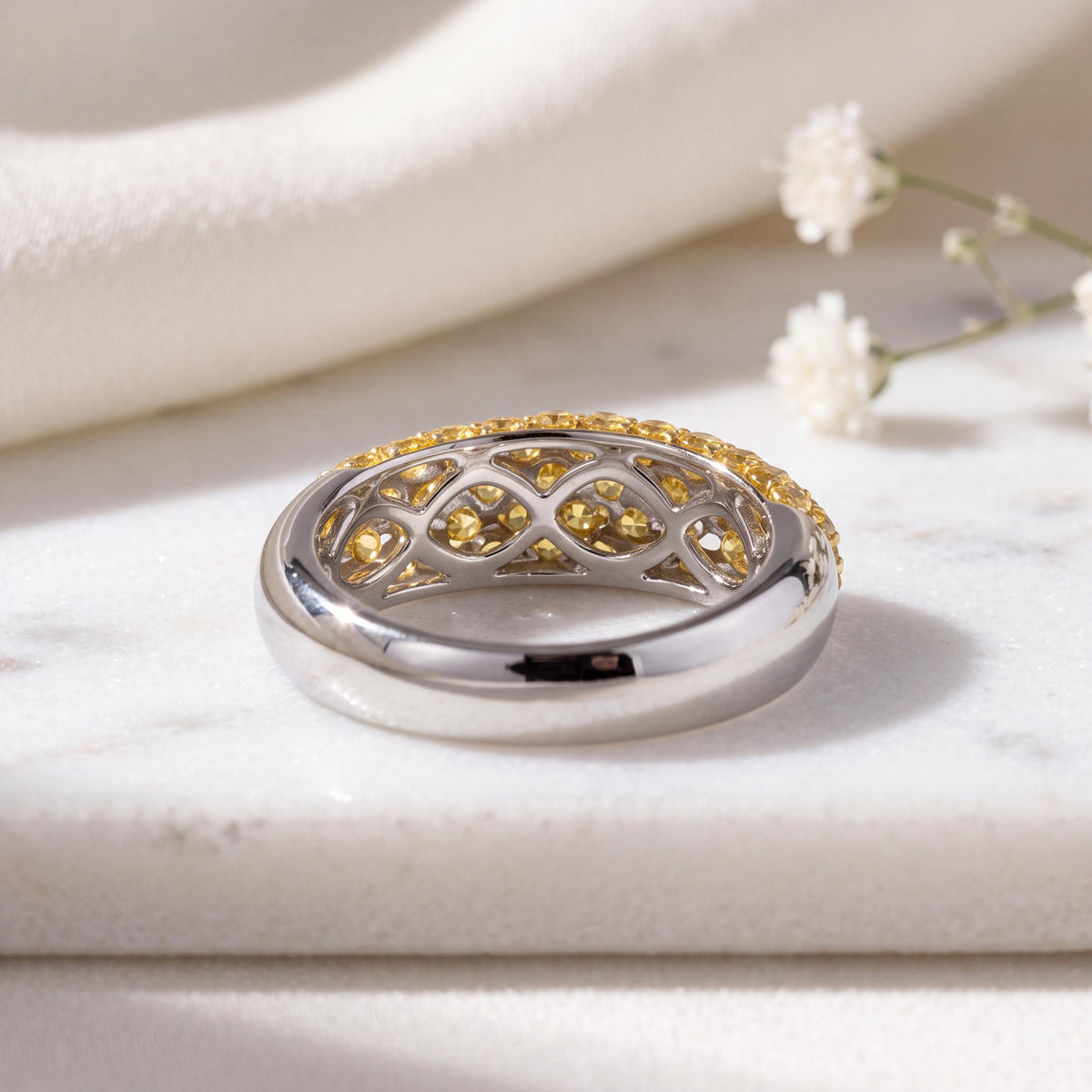 Genuine Yellow Sapphire Half Eternity Ring, 18k Solid White Gold, September Birthstone, Gift for Her
