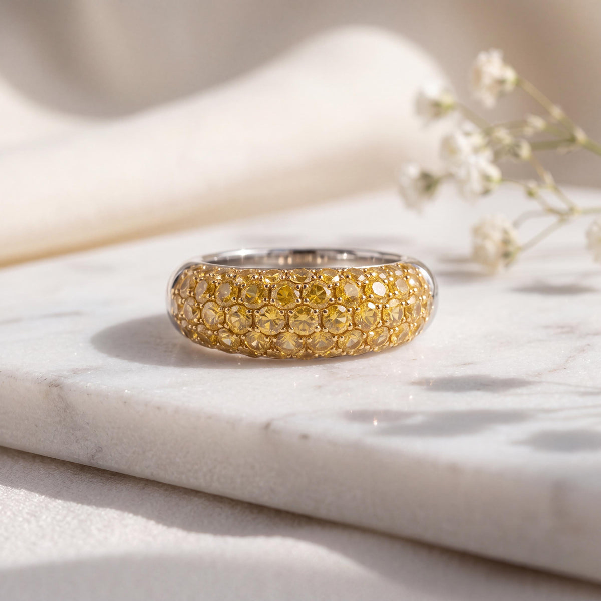 Genuine Yellow Sapphire Half Eternity Ring, 18k Solid White Gold, September Birthstone, Gift for Her