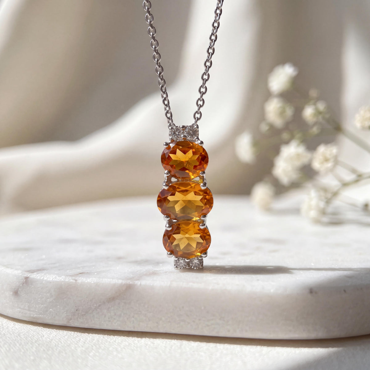 Genuine Citrine and Diamond Trio Oval Pendant, 14k Solid Gold, November Birthstone, Gift for Her