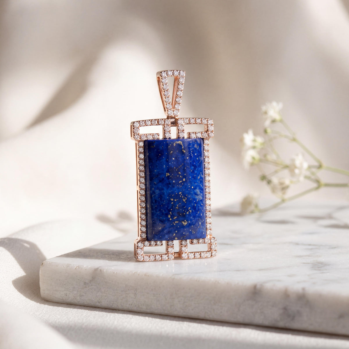 Genuine Lapis Lazuli and Diamond Pendant | 14k Solid Rose Gold