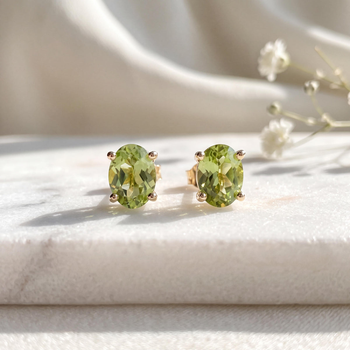 Genuine Peridot Oval Cut Stud Earrings (Mini) / 14K Solid Gold