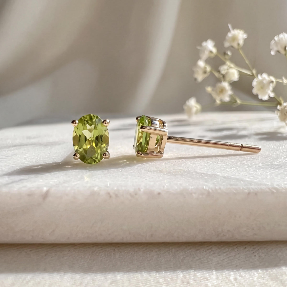 Genuine Peridot Oval Cut Stud Earrings (Mini) / 14K Solid Gold