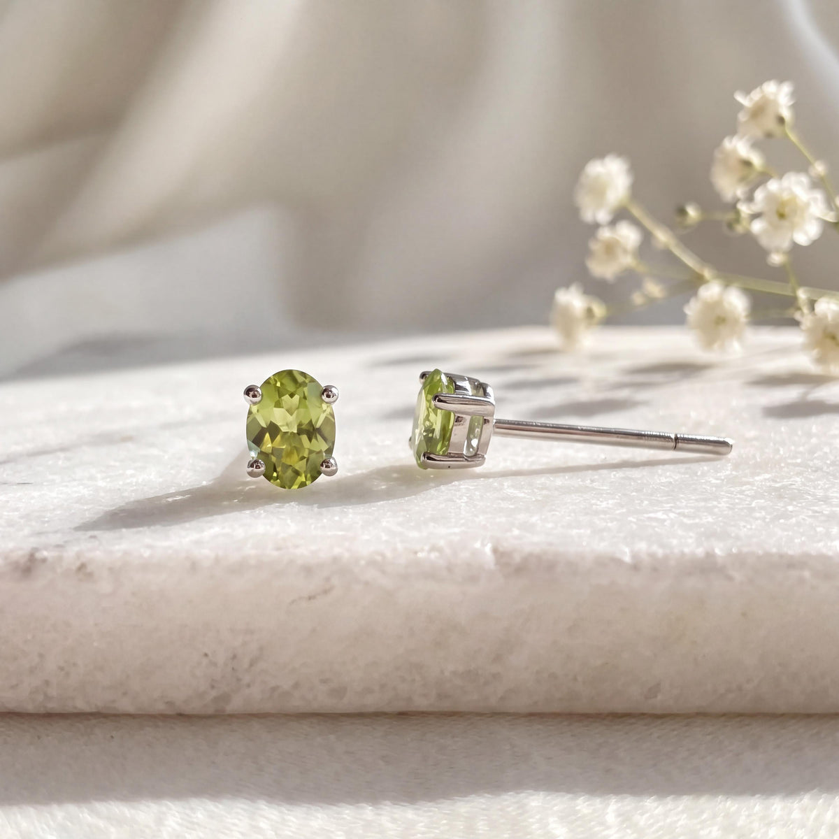 Genuine Peridot Oval Cut Stud Earrings (Mini) / 14K Solid Gold