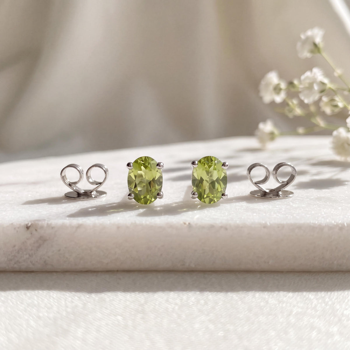 Genuine Peridot Oval Cut Stud Earrings (Mini) / 14K Solid Gold