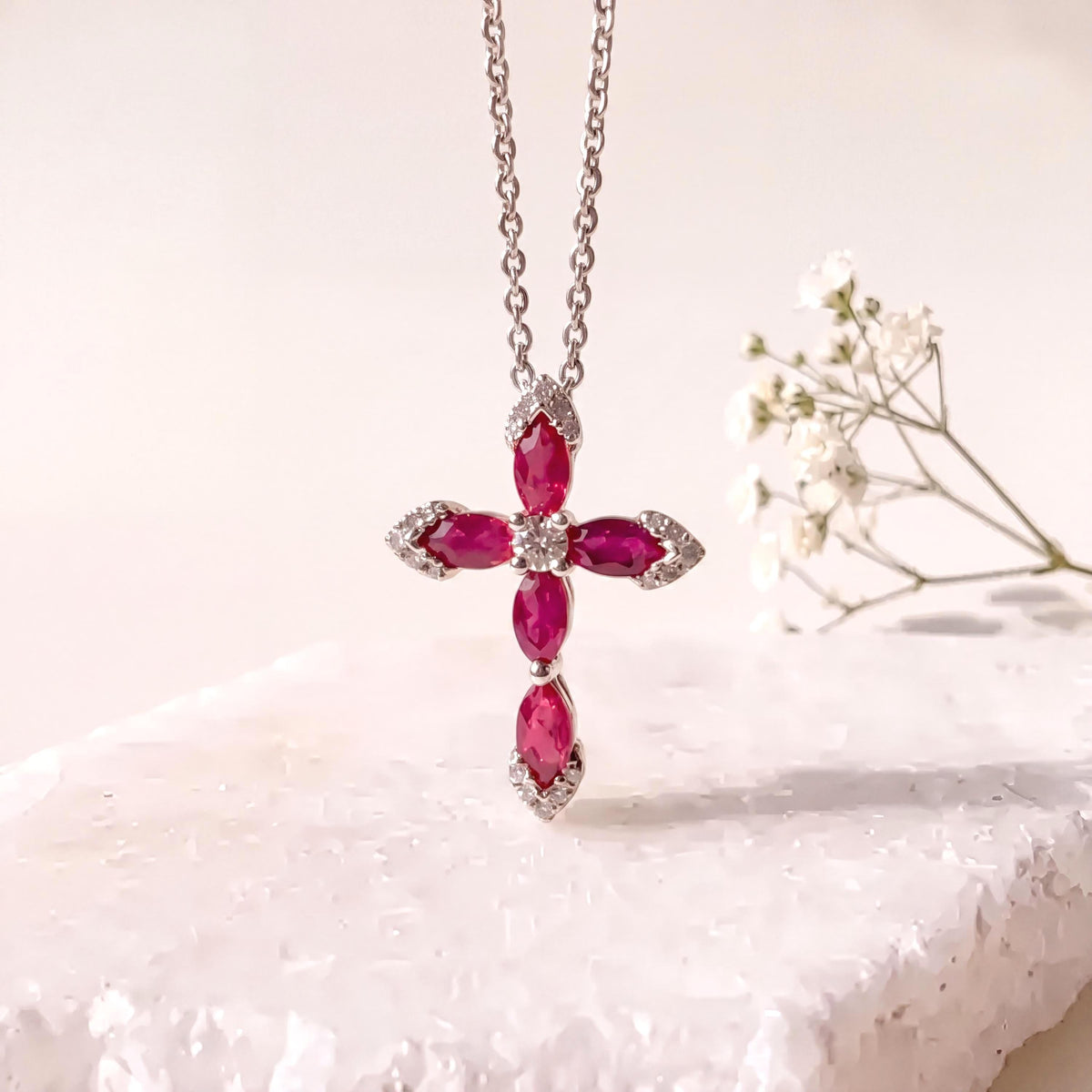 Genuine Ruby and Diamond Marquise Cross Pendant, 14k Solid Gold, July Birthstone, Gift for Her