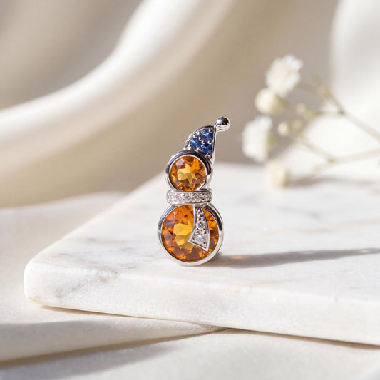 Genuine Citrine, Sapphire & Diamond Snowman in a Santa Hat Pendant | 14k Solid Gold