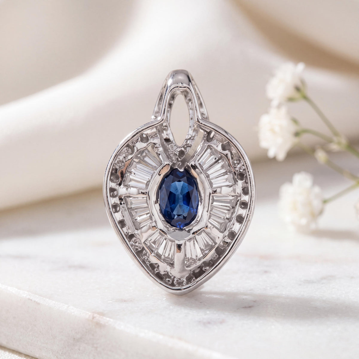 Genuine 0.9 ct Oval Cut Sapphire and Diamond Pendant in 18k Solid White Gold