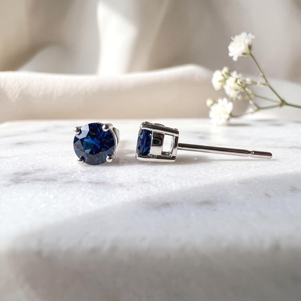 Natural Sapphire Solitaire Stud Earrings, 4mm, 14k Solid Gold, September Birthstone