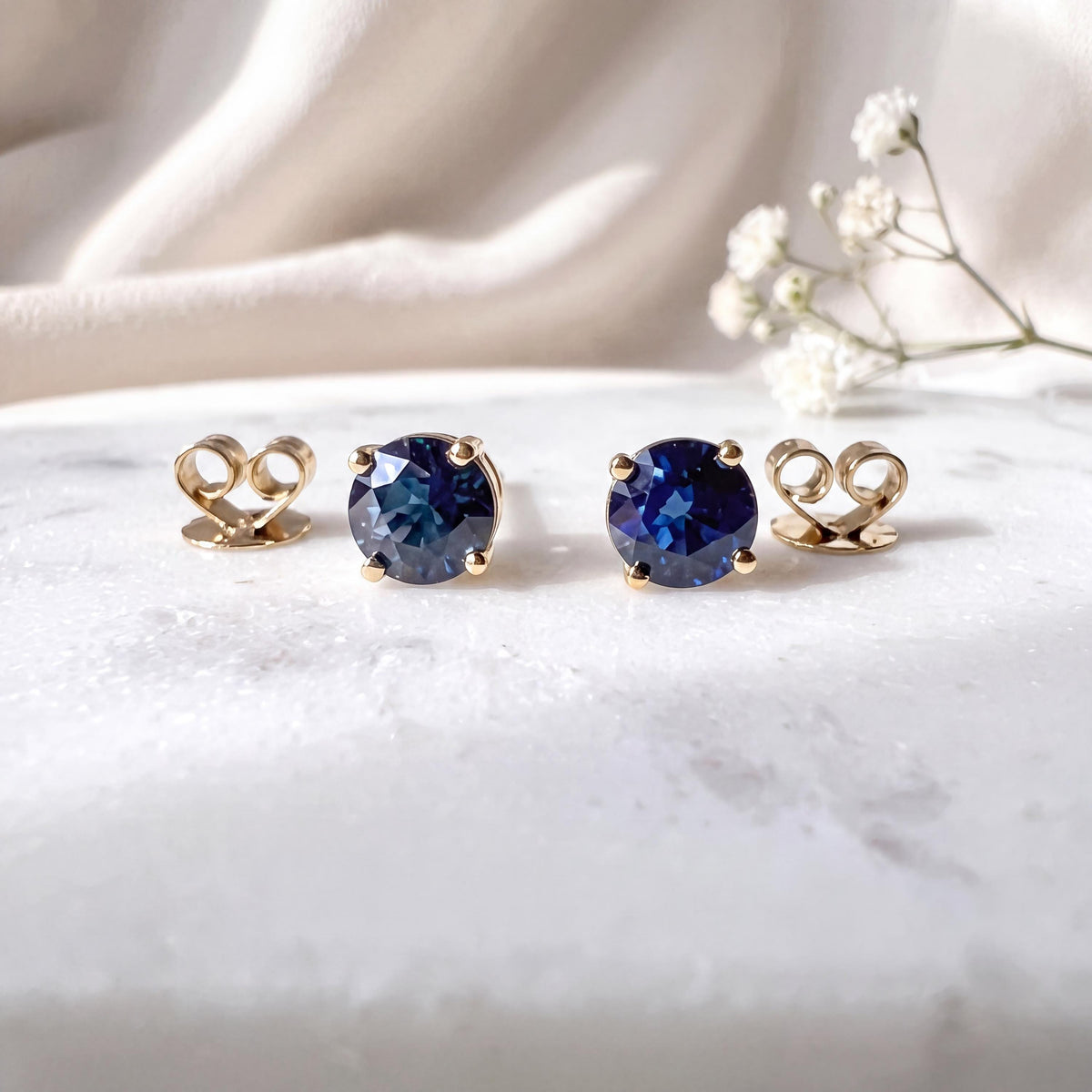 Natural Sapphire Solitaire Stud Earrings, 4mm, 14k Solid Gold, September Birthstone