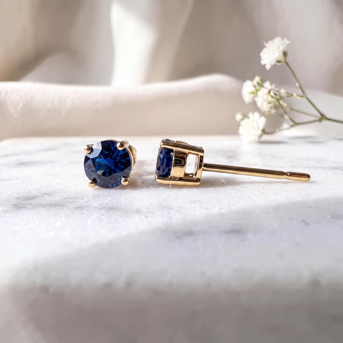 Natural Sapphire Solitaire Stud Earrings, 4mm, 14k Solid Gold, September Birthstone