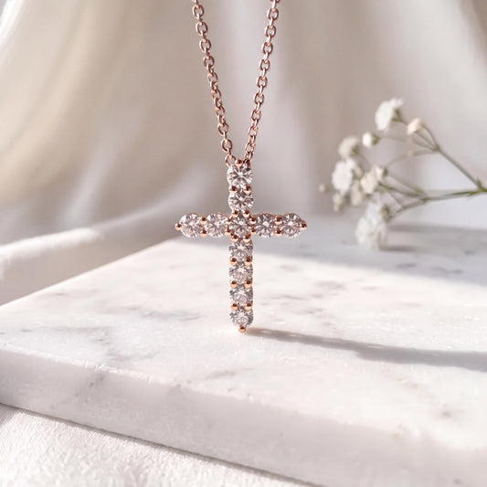 Genuine Diamond Round Cut Cross Pendant, 14k Solid Gold, April Birthstone, Gift for Her