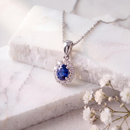 Genuine Sapphire and Diamond Halo Pendant, 14k Solid White Gold, September Birthstone, Gift for Her