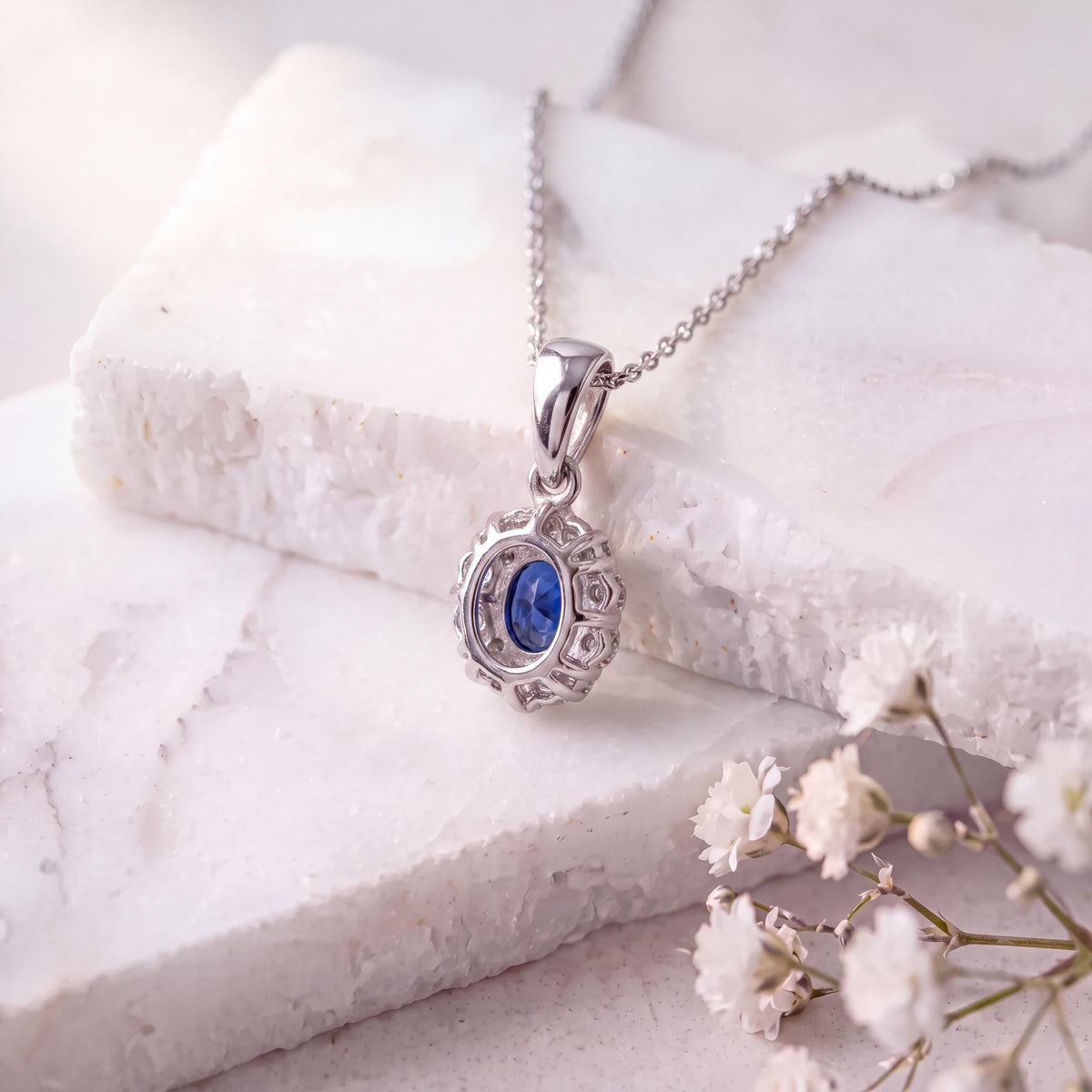 Genuine Sapphire and Diamond Halo Pendant, 14k Solid White Gold, September Birthstone, Gift for Her