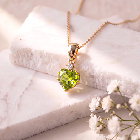 Genuine Peridot and Diamond Heart Pendant, 14k Solid Gold, August Birthstone, Gift for Her