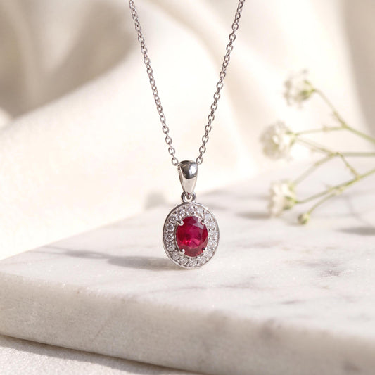 Genuine Oval Ruby and Diamond Bezel Halo Pendant, 18k Solid White Gold, July Birthstone, Gift for Her
