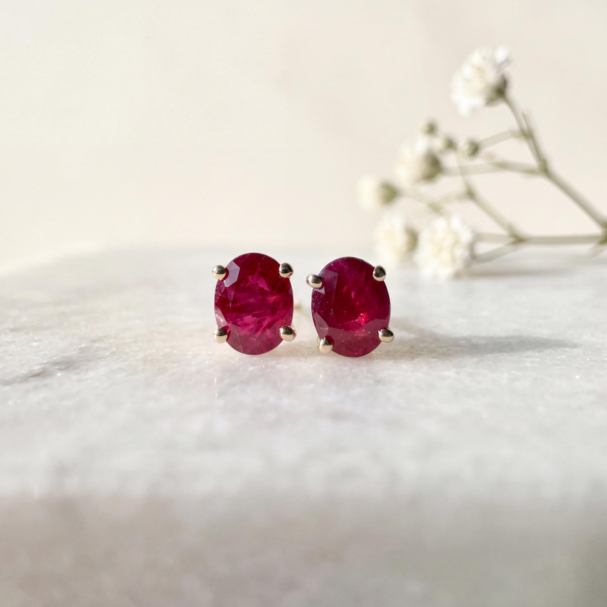 Genuine Ruby Oval Cut Stud Earrings in 14k Solid Gold