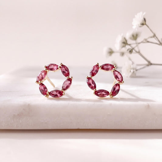 Genuine Marquise Tourmaline Halo Stud Earrings in 14k Solid Gold