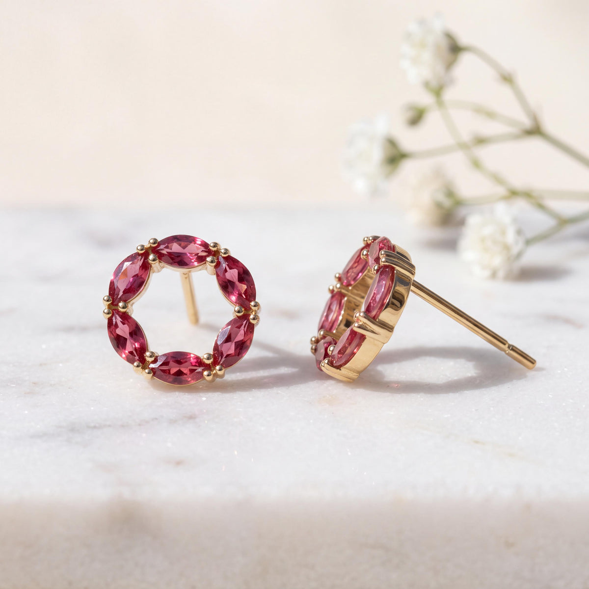 Genuine Marquise Tourmaline Halo Stud Earrings in 14k Solid Gold