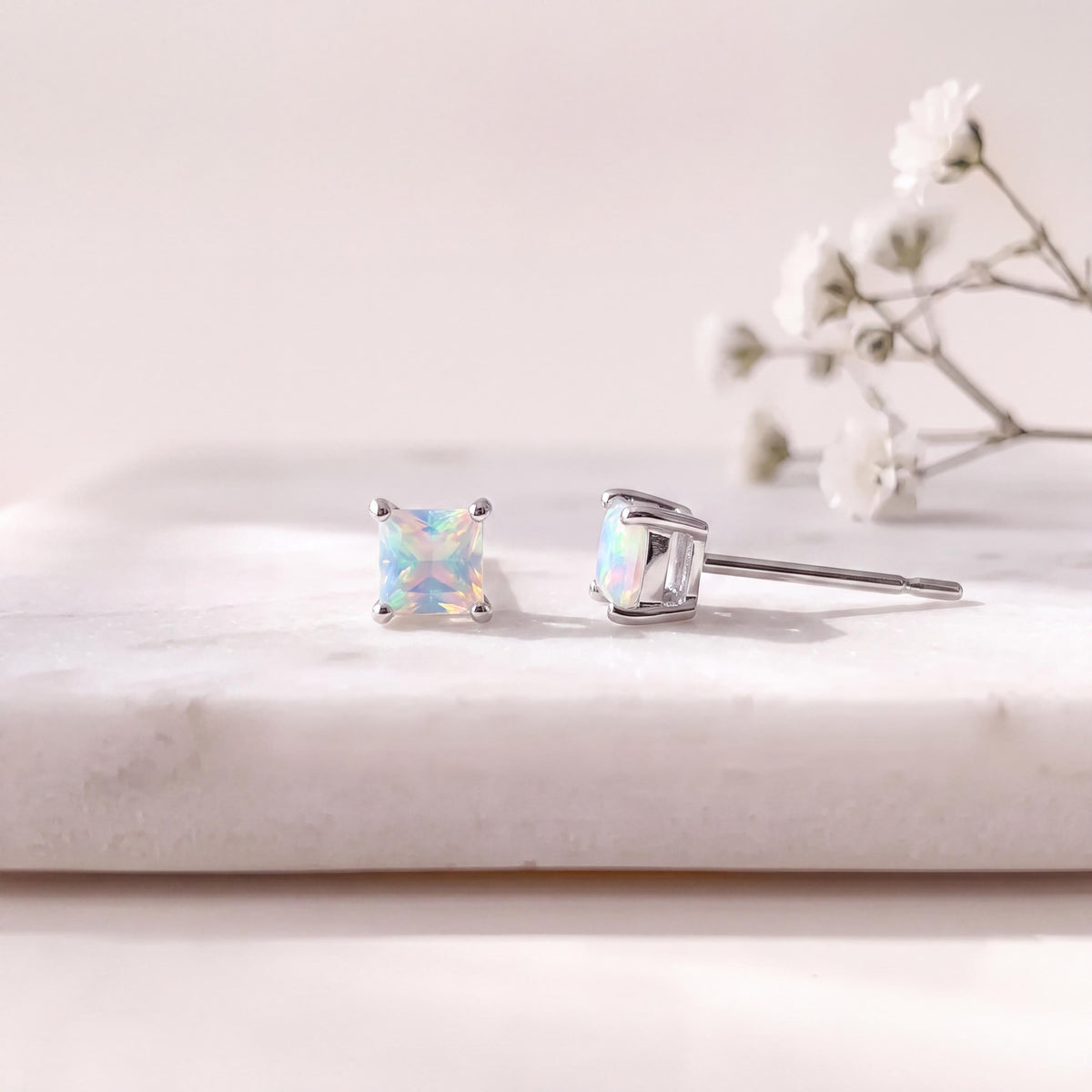 Genuine Opal 4mm Princess Cut Solitaire Stud Earrings / 14k Solid Gold