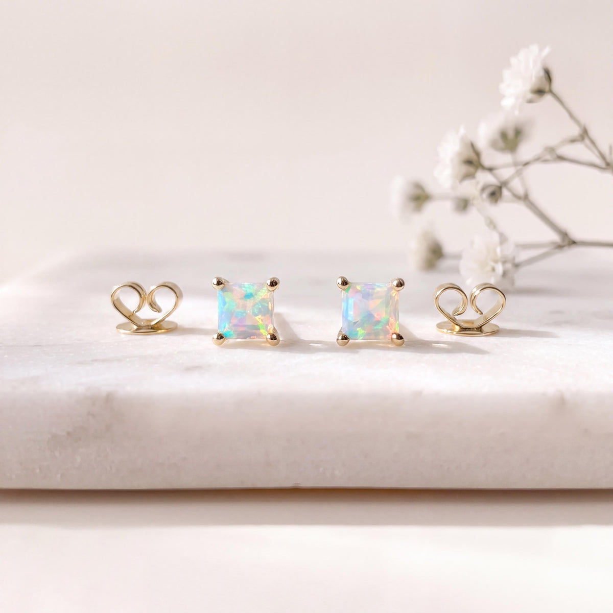 Genuine Opal 4mm Princess Cut Solitaire Stud Earrings / 14k Solid Gold