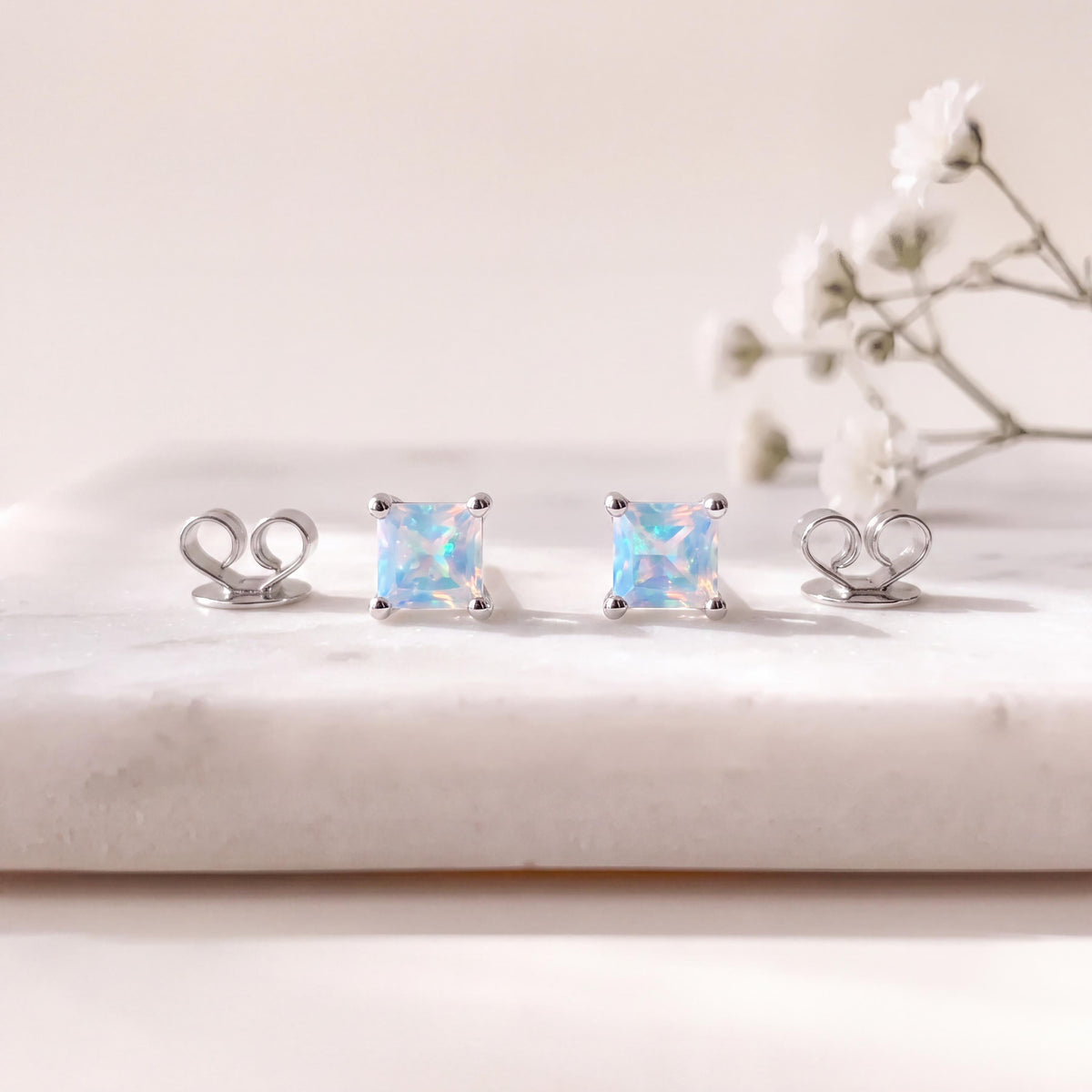Genuine Opal 4mm Princess Cut Solitaire Stud Earrings / 14k Solid Gold