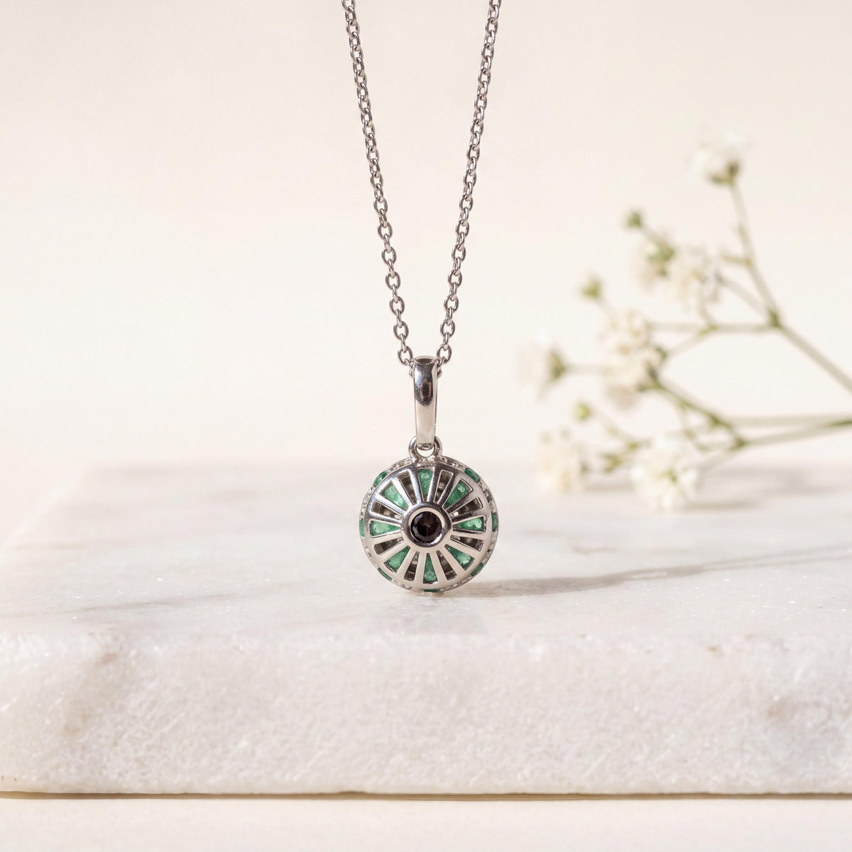 Genuine Emerald and Diamond Round Cluster Pendant | 14k Solid Gold