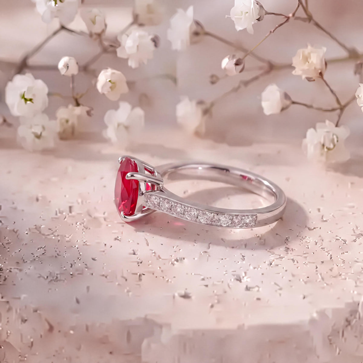 Genuine Ruby and Diamond Oval East-West Ring | 14k Solid White Gold