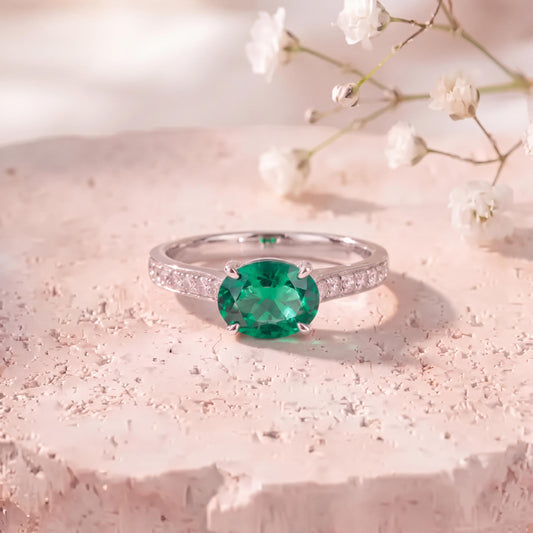Genuine Emerald and Diamond Oval East West Ring | 14k Solid White Gold