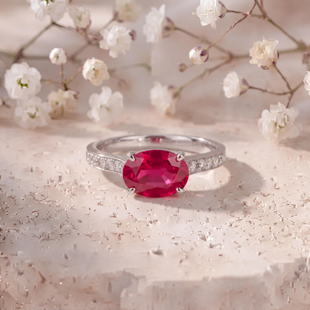 Genuine Ruby and Diamond Oval East-West Ring | 14k Solid White Gold